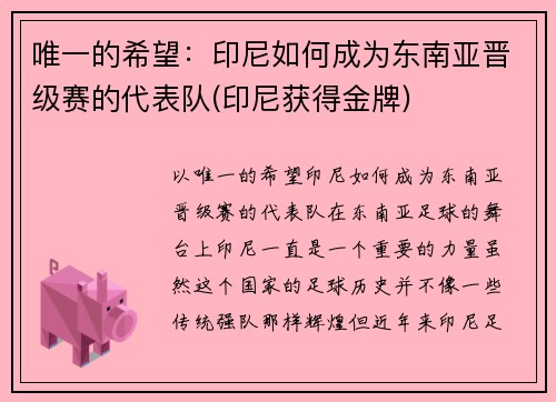 唯一的希望：印尼如何成为东南亚晋级赛的代表队(印尼获得金牌)