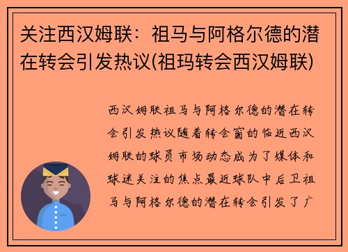 关注西汉姆联：祖马与阿格尔德的潜在转会引发热议(祖玛转会西汉姆联)