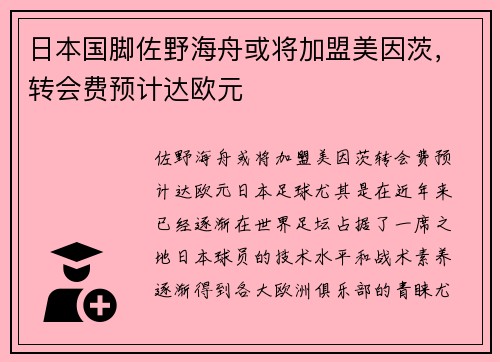 日本国脚佐野海舟或将加盟美因茨，转会费预计达欧元