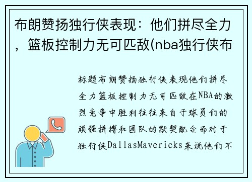 布朗赞扬独行侠表现：他们拼尽全力，篮板控制力无可匹敌(nba独行侠布朗)
