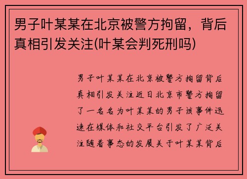 男子叶某某在北京被警方拘留，背后真相引发关注(叶某会判死刑吗)