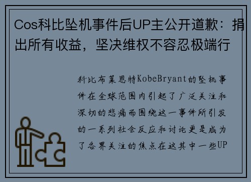 Cos科比坠机事件后UP主公开道歉：捐出所有收益，坚决维权不容忍极端行为