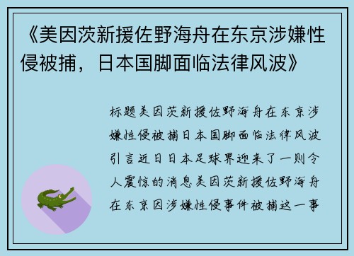 《美因茨新援佐野海舟在东京涉嫌性侵被捕，日本国脚面临法律风波》