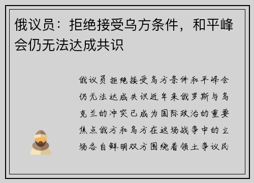 俄议员：拒绝接受乌方条件，和平峰会仍无法达成共识