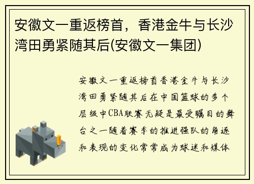 安徽文一重返榜首，香港金牛与长沙湾田勇紧随其后(安徽文一集团)